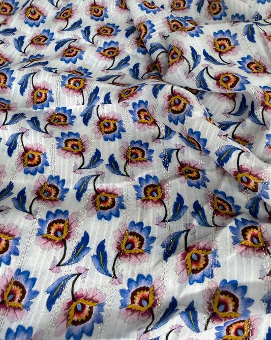 White and Blue Floral Viscose Lurex Blend