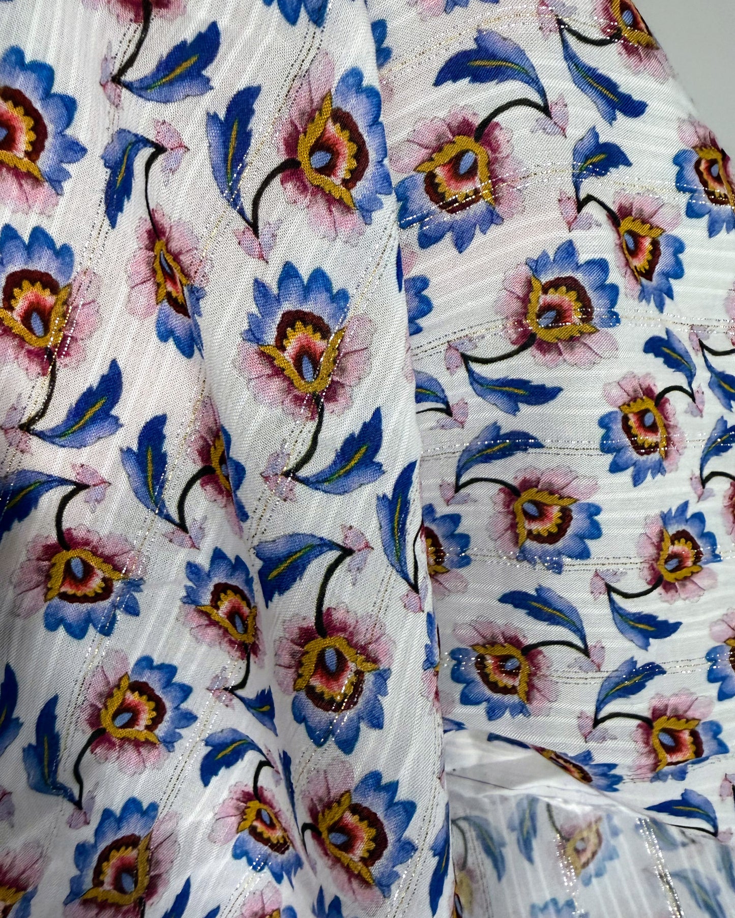 White and Blue Floral Viscose Lurex Blend